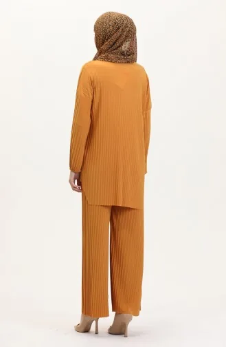 طقم تونيك وبنطلون من قماش ساندي مطوي من قطعتين 0004-02 لون خردلي 0004-02