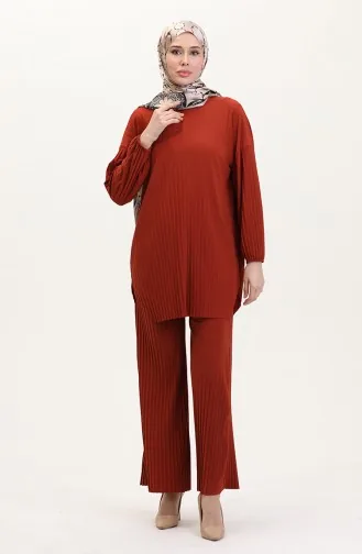 Sandy Kumaş Pileli Tunik Pantolon İkili Takım 0004-05 Kiremit
