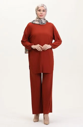 Sandy Kumaş Pileli Tunik Pantolon İkili Takım 0004-05 Kiremit