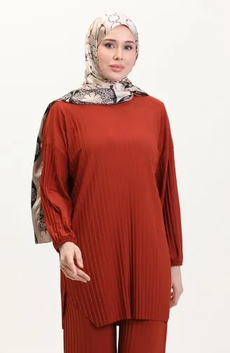 Sandy Kumaş Pileli Tunik Pantolon İkili Takım 0004-05 Kiremit