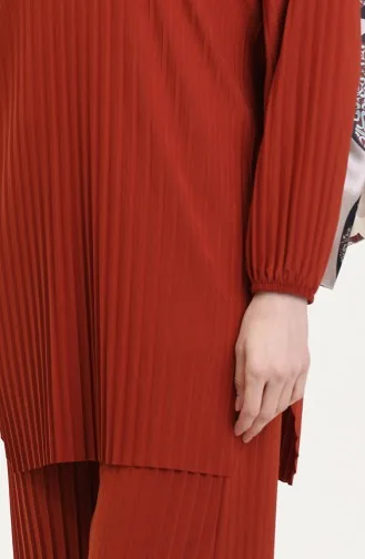 Sandy Kumaş Pileli Tunik Pantolon İkili Takım 0004-05 Kiremit