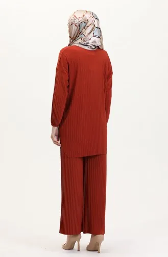 Sandy Kumaş Pileli Tunik Pantolon İkili Takım 0004-05 Kiremit
