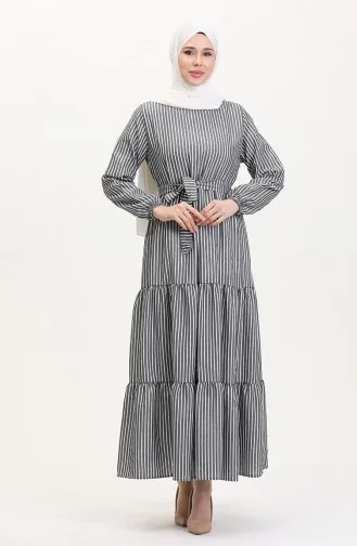Gestreiftes Leinenkleid Mit Gürtel 0003-01 Schwarz Und Weiss 0003-01