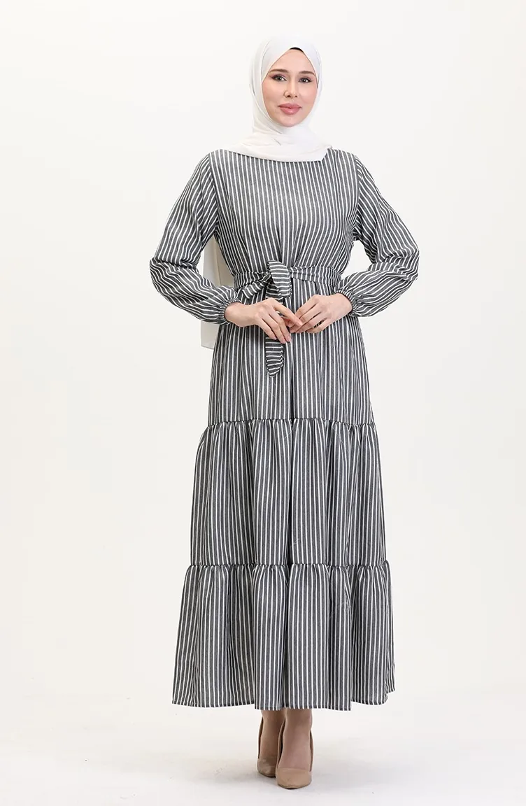 Gestreiftes Leinenkleid Mit Gürtel 0003-01 Schwarz Und Weiss 0003-01