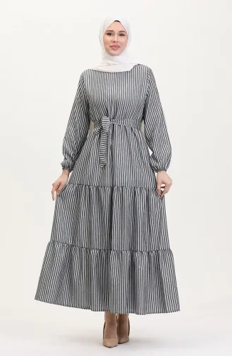 Gestreiftes Leinenkleid Mit Gürtel 0003-01 Schwarz Und Weiss 0003-01