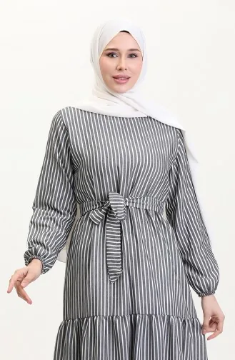 Gestreiftes Leinenkleid Mit Gürtel 0003-01 Schwarz Und Weiss 0003-01
