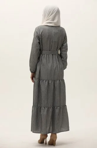 Gestreiftes Leinenkleid Mit Gürtel 0003-01 Schwarz Und Weiss 0003-01