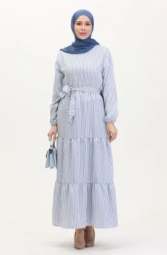 Çizgili Kuşaklı Keten Elbise 0003-02 Saks Beyaz