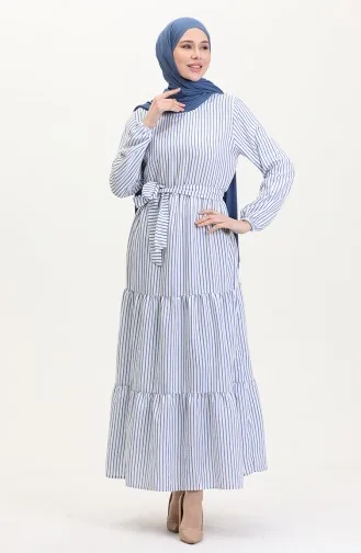 Çizgili Kuşaklı Keten Elbise 0003-02 Saks Beyaz