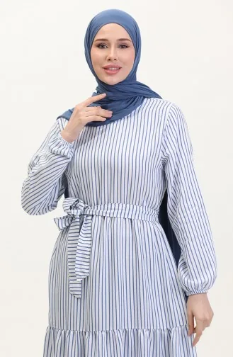 Çizgili Kuşaklı Keten Elbise 0003-02 Saks Beyaz