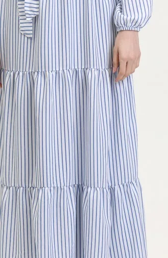 Çizgili Kuşaklı Keten Elbise 0003-02 Saks Beyaz