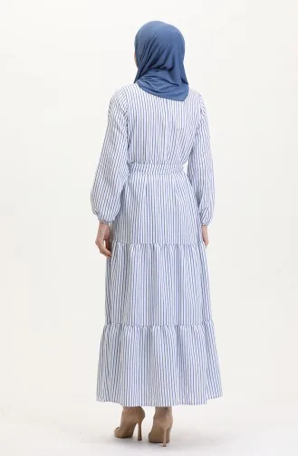 Çizgili Kuşaklı Keten Elbise 0003-02 Saks Beyaz