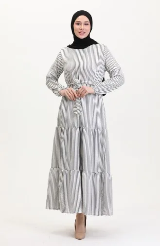 Çizgili Kuşaklı Keten Elbise 0003-03 Beyaz Siyah