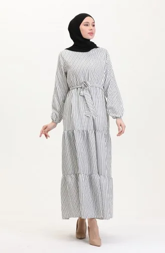 Çizgili Kuşaklı Keten Elbise 0003-03 Beyaz Siyah