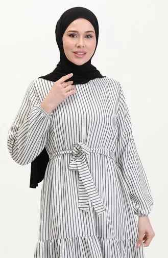 Çizgili Kuşaklı Keten Elbise 0003-03 Beyaz Siyah