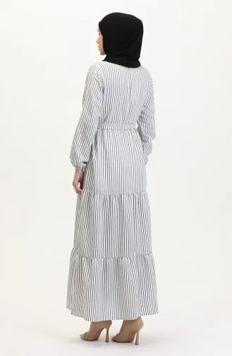 Çizgili Kuşaklı Keten Elbise 0003-03 Beyaz Siyah