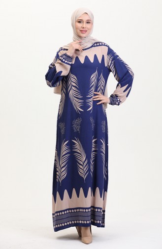 Desenli Viskon Elbise 0005-01 Lacivert