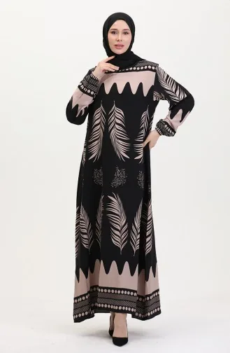 Desenli Viskon Elbise 0005-03 Siyah