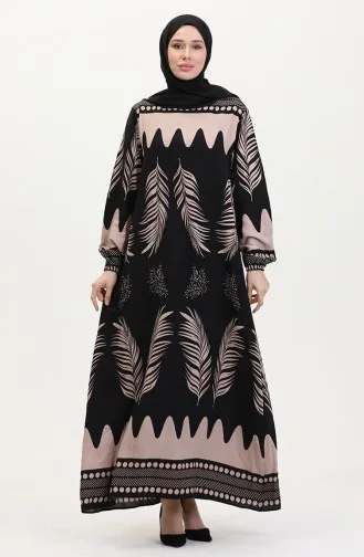 Desenli Viskon Elbise 0005-03 Siyah