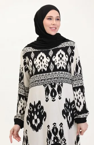 Desenli Viskon Elbise 0006-02 Siyah Bej