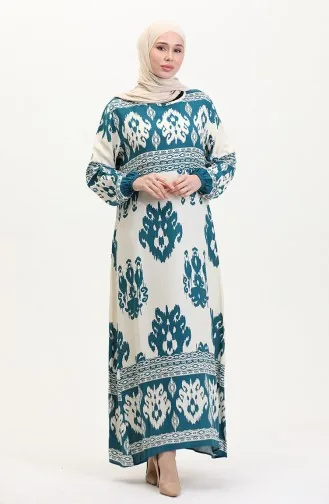 Gedessineerde Viscosejurk 0006-03 Petrol Beige 0006-03