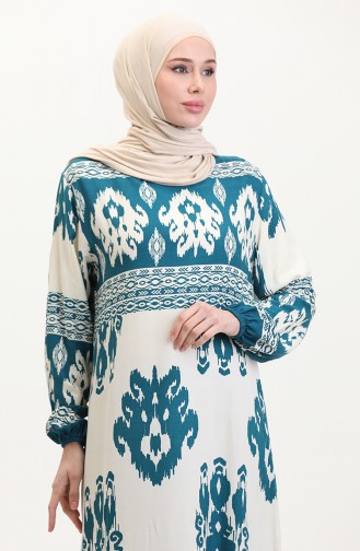 Desenli Viskon Elbise 0006-03 Petrol Bej