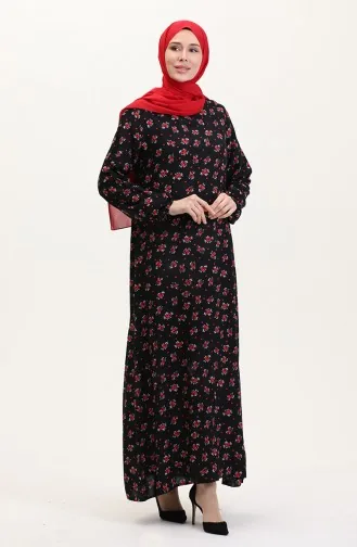 Desenli Viskon Elbise 0007-01 Siyah