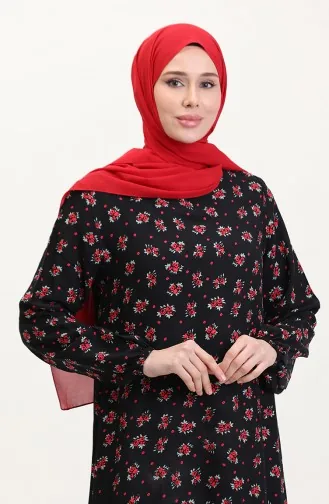 Desenli Viskon Elbise 0007-01 Siyah