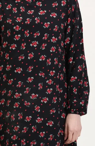 Desenli Viskon Elbise 0007-01 Siyah