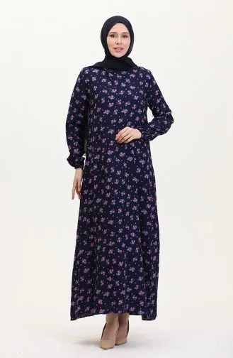 Desenli Viskon Elbise 0007-02 Lacivert
