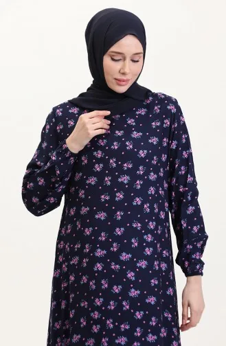 Desenli Viskon Elbise 0007-02 Lacivert