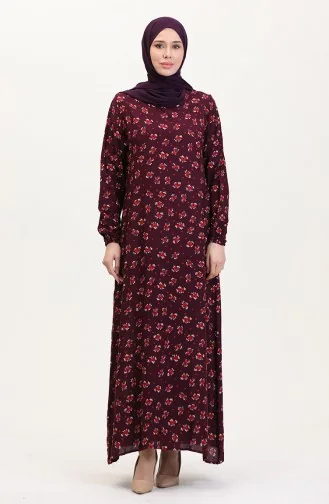 Desenli Viskon Elbise 0007-03 Mürdüm