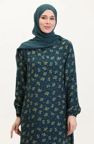 Desenli Viskon Elbise 0007-04 Petrol