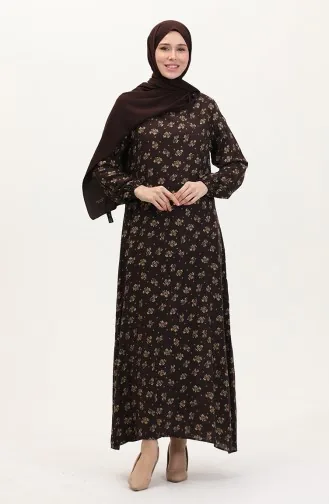 Desenli Viskon Elbise 0007-05 Kahverengi