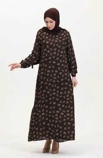 Desenli Viskon Elbise 0007-05 Kahverengi