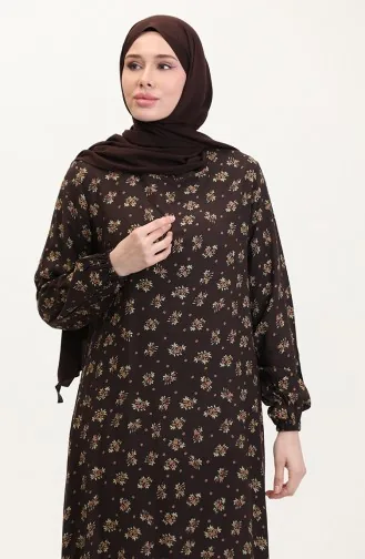 Desenli Viskon Elbise 0007-05 Kahverengi