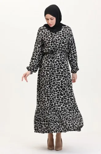 Leopar Desenli Kuşaklı Elbise 0008-01 Siyah