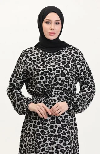 Leopar Desenli Kuşaklı Elbise 0008-01 Siyah