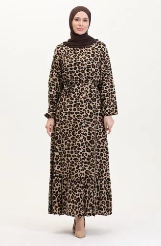 Leopar Desenli Kuşaklı Elbise 0008-02 Kahverengi