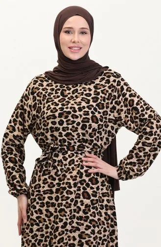 Leopar Desenli Kuşaklı Elbise 0008-02 Kahverengi