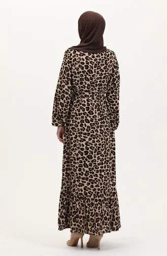 Leopar Desenli Kuşaklı Elbise 0008-02 Kahverengi