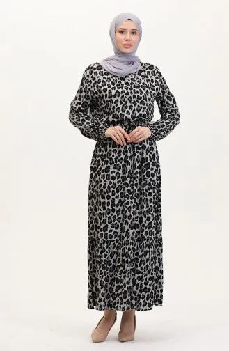 Leopar Desenli Beli İpli Elbise 0009-01 Siyah