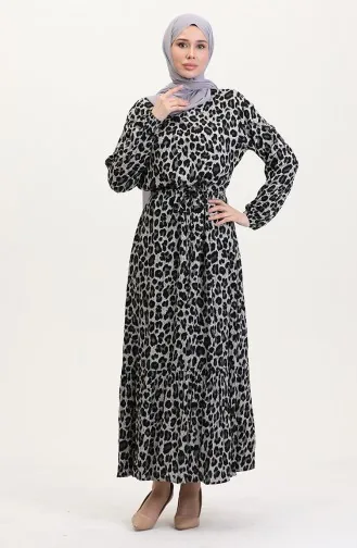 Leopar Desenli Beli İpli Elbise 0009-01 Siyah