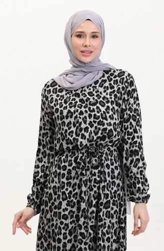 Leopar Desenli Beli İpli Elbise 0009-01 Siyah