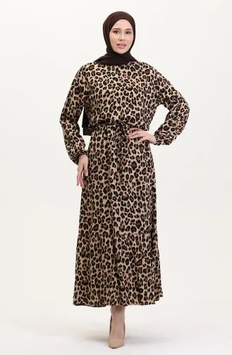 Kleid Mit Leopardenmuster Und Tunnelzug 0009-02 Braun 0009-02