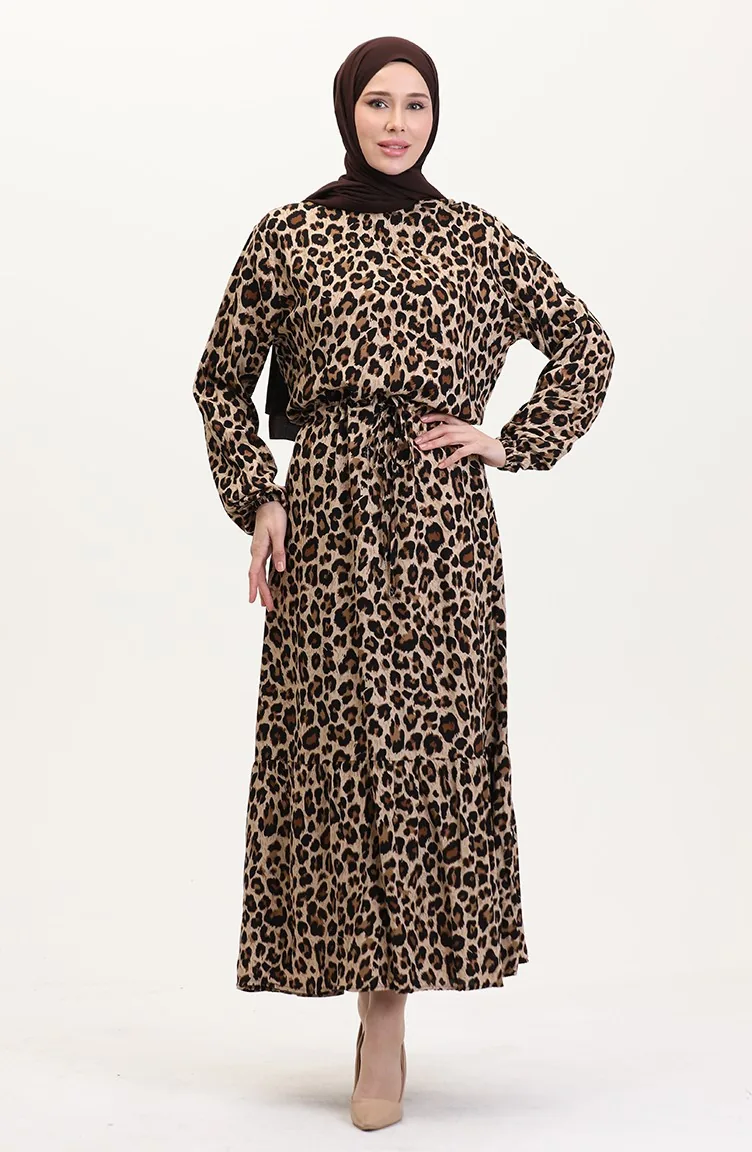 Kleid Mit Leopardenmuster Und Tunnelzug 0009-02 Braun 0009-02