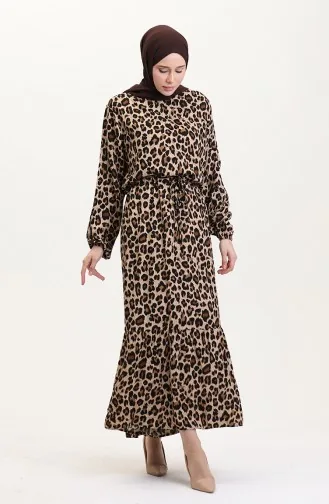 Kleid Mit Leopardenmuster Und Tunnelzug 0009-02 Braun 0009-02