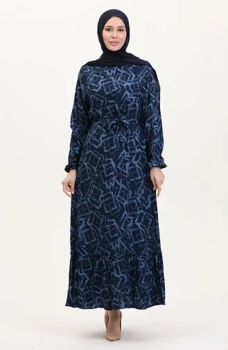 Desenli Kuşaklı Viskon Elbise 0011-01 Lacivert
