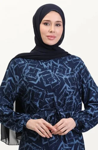 Desenli Kuşaklı Viskon Elbise 0011-01 Lacivert