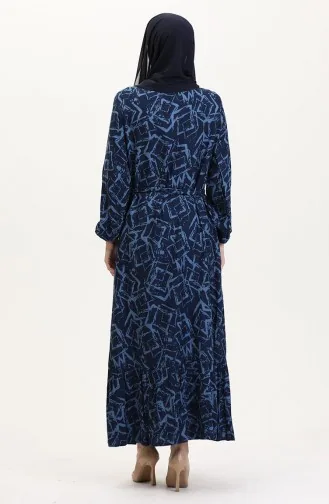 Desenli Kuşaklı Viskon Elbise 0011-01 Lacivert
